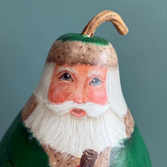 Vintage Hand Painted Painted Santa Claus Gourd Decoration Green Multi 13 1/2" - Picture 3 of 10
